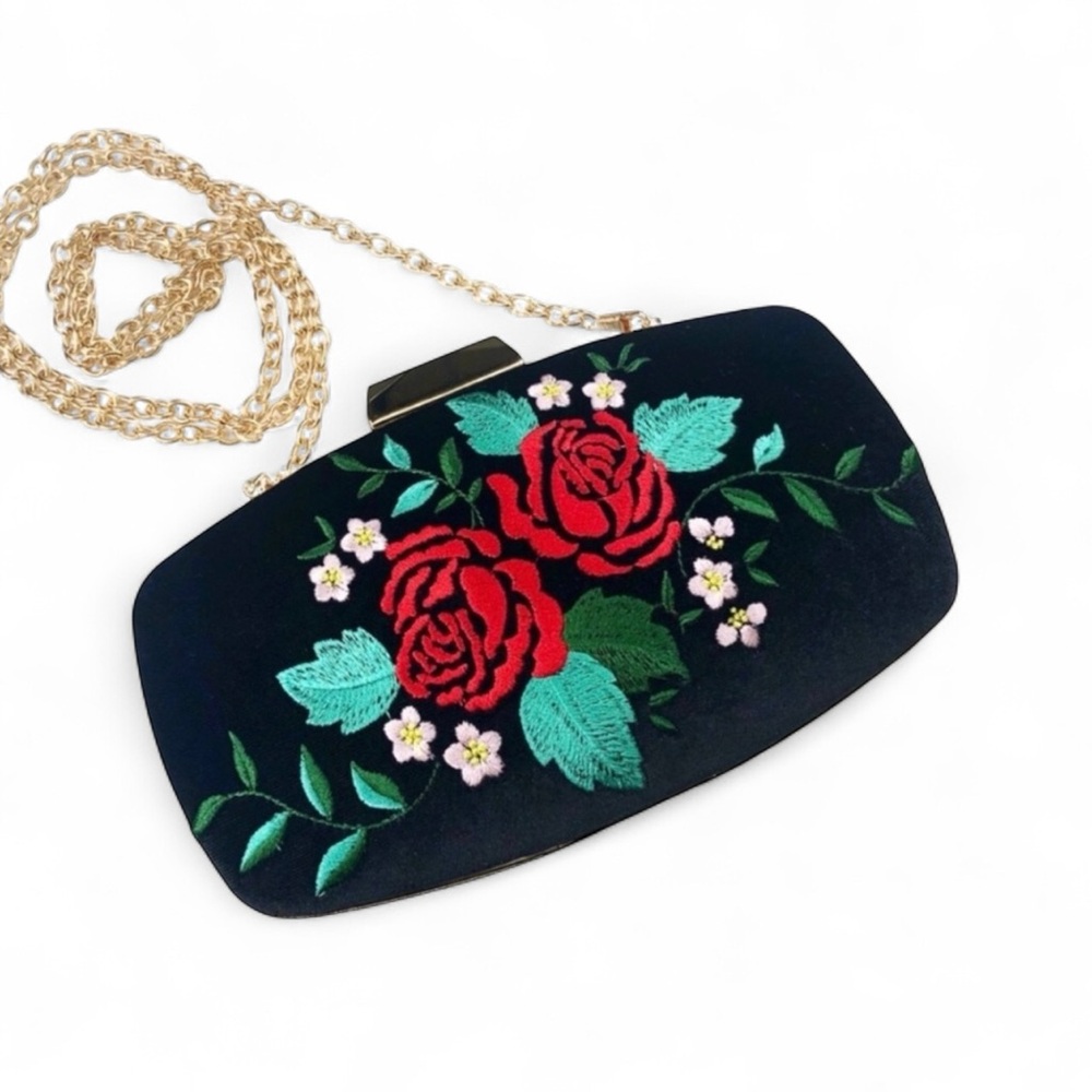 Black Embroidered Velvet  Clutch For Evening Out